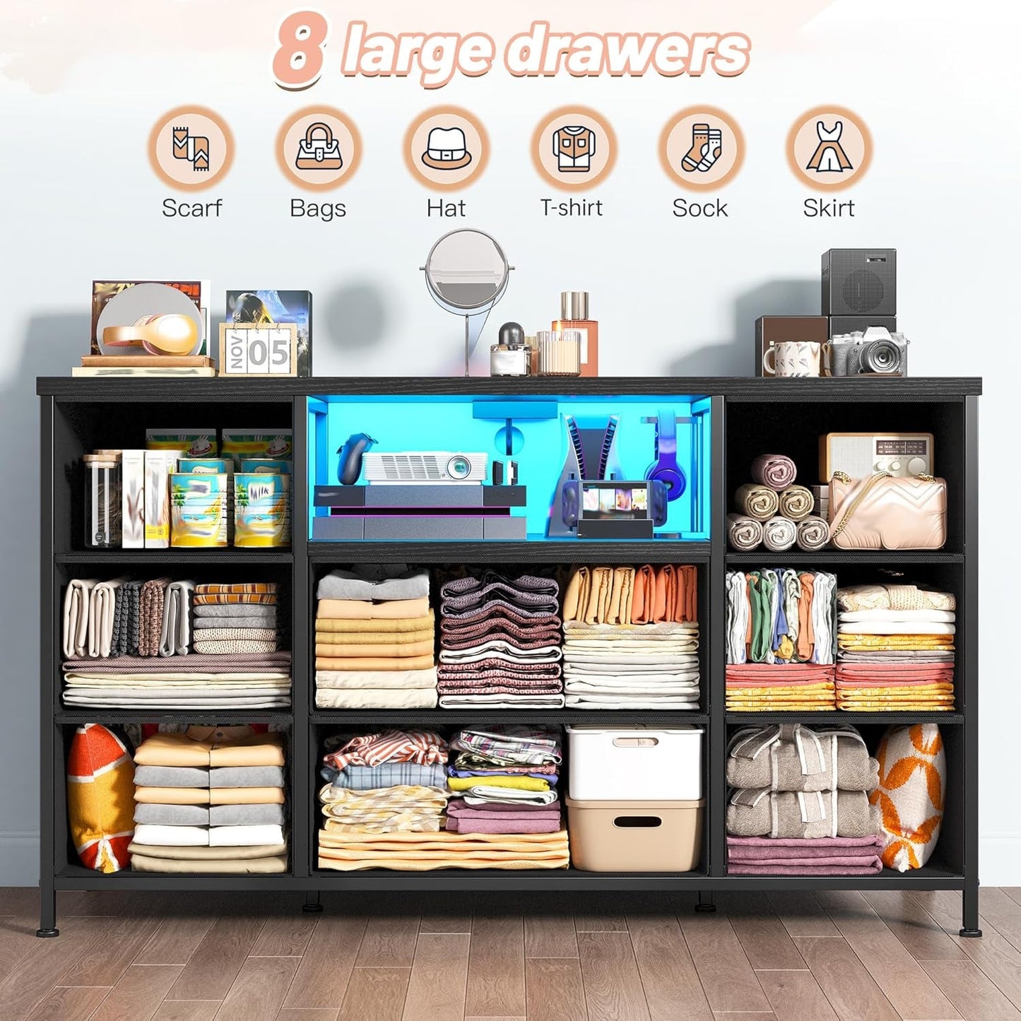 Contemporary Led Dresser Featuring 8 Spacious Drawers
