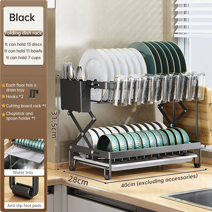 Foldable 2-Layer Kitchen Dish Rack, Large Capacity Countertop Drying Shelf for Bowls & Cutlery